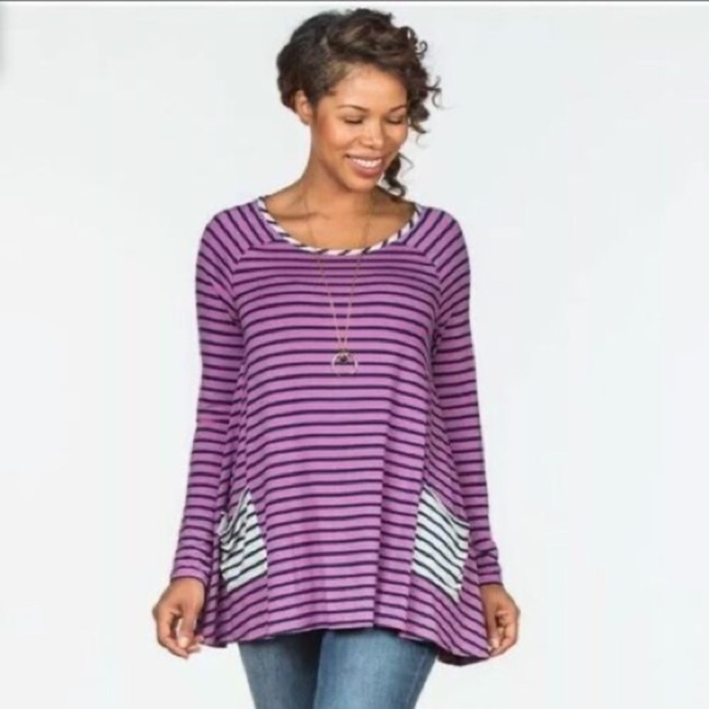 Matilda Jane Clothing No Limitations purple stripe swing top, size S 💕